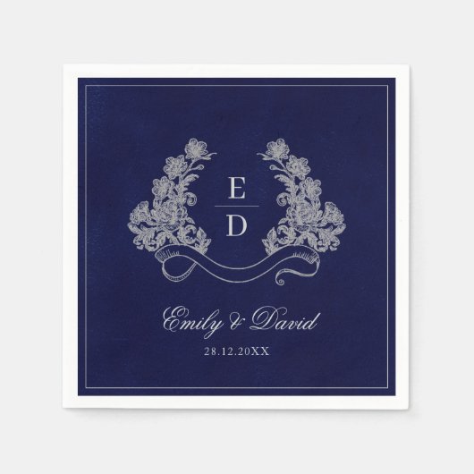 Elegante florale Wappen Navy Monogramm Serviette (Vorderseite)