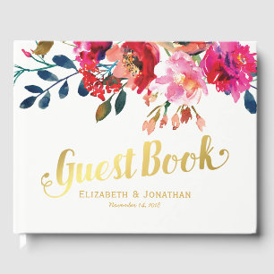 Elegante Florale Wasserfarbe Stylische Gold Hochze Gästebuch