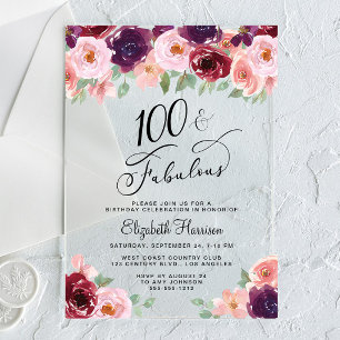 Elegante Florale Wasserfarben 100. Geburtstagsfeie Acryleinladungen