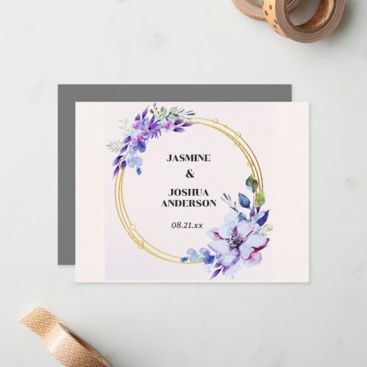 Elegante florale Wasserfarben Gold Circle Wedding Mitteilungskarte (Vorderseite/Rückseite Beispiel)