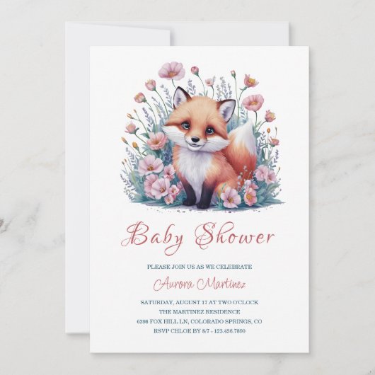 Elegante florale Wasserfarbenfox Kinderdusche Einladung (Vorderseite)