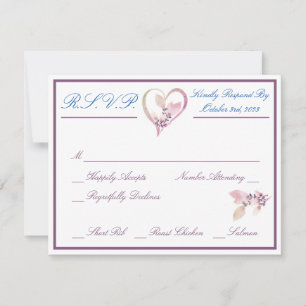 Elegante Florale Weiße, Blaue und Mauve-Hochzeit RSVP Karte