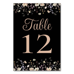 Elegante florale Wildblumen schwarze Boho-Hochzeit Tischnummer