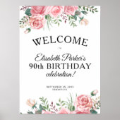 Elegante Florale zum 90. Geburtstag Begrüßung Poster (Vorne)
