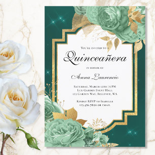 Elegante floralische Salbeigrüne Smaragd-Quinceane Einladung