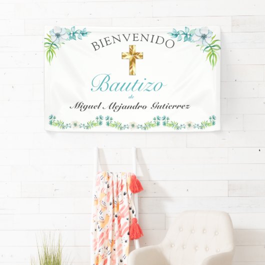 Elegante Flores Cruz Para Niño Bautizo Bienvenido Banner (Insitu)