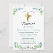 Elegante Flores y Cruz Para Niño Bautizo Einladung (Vorderseite)