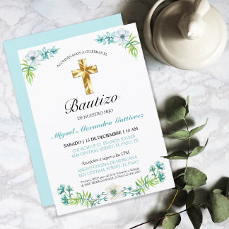 Elegante Flores y Cruz Para Niño Bautizo Einladung