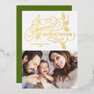 Elegante Flourish Festliche Grüße Familienfoto Folien Feiertagskarte
