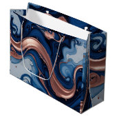 Elegante Fluid Art mit Kupfer und blauen Wirbel Große Geschenktüte (Vorderseite Schrägansicht)