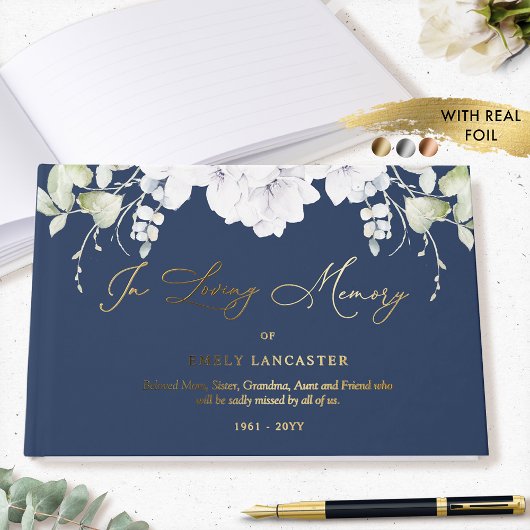Elegante Foil in Love Memory White Floral Beerdigu Gästebuch