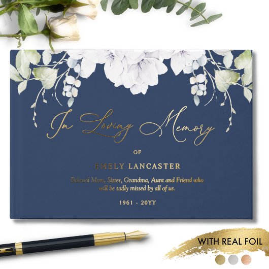 Elegante Foil in Love Memory White Floral Beerdigu Gästebuch