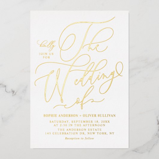 Elegante Foil Pressed Whimsical Calligraphy Weddin Folieneinladung (Vorderseite)