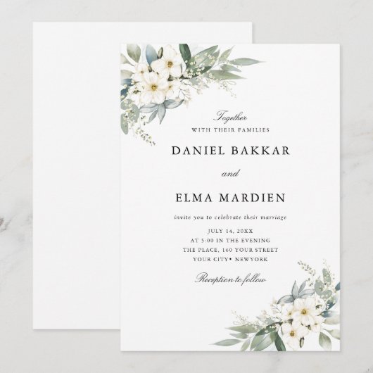 Elegante Foliage Boho-Aquarell-Blumenhochzeit  Einladung (Vorne/Hinten)