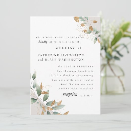 Elegante Foliage Cream Bride Eltern Hochzeitmatte Einladung (Stehend Vorderseite)