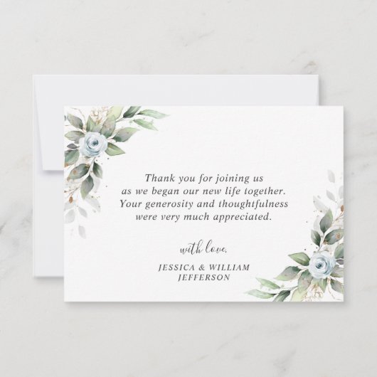Elegante Foliage Dusty Blue Flowers Dankeskarte (Rückseite)