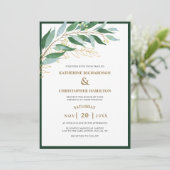 Elegante Foliage Forest Green Gold Leaf Hochzeit Einladung (Stehend Vorderseite)
