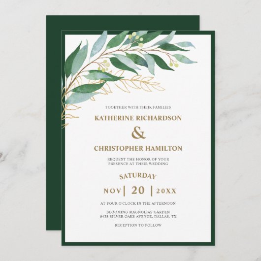 Elegante Foliage Forest Green Gold Leaf Hochzeit Einladung (Vorne/Hinten)