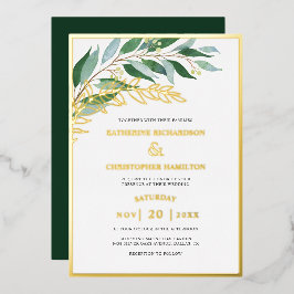 Elegante Foliage Forest Green Gold Leaf Hochzeit Folieneinladung