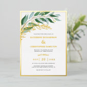 Elegante Foliage Forest Green Gold Leaf Hochzeit Folieneinladung (Stehend vorne)