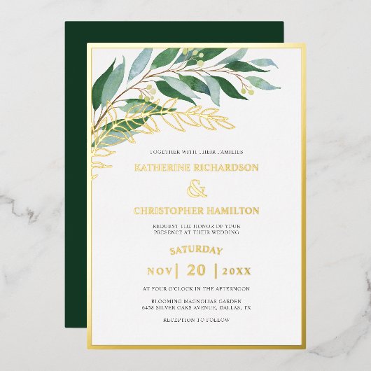 Elegante Foliage Forest Green Gold Leaf Hochzeit Folieneinladung (Vorderseite/Rückseite)