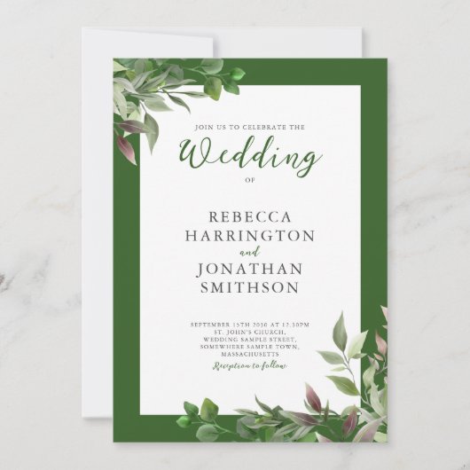 Elegante Foliage Green Leaf Hochzeitseinladung (Vorderseite)