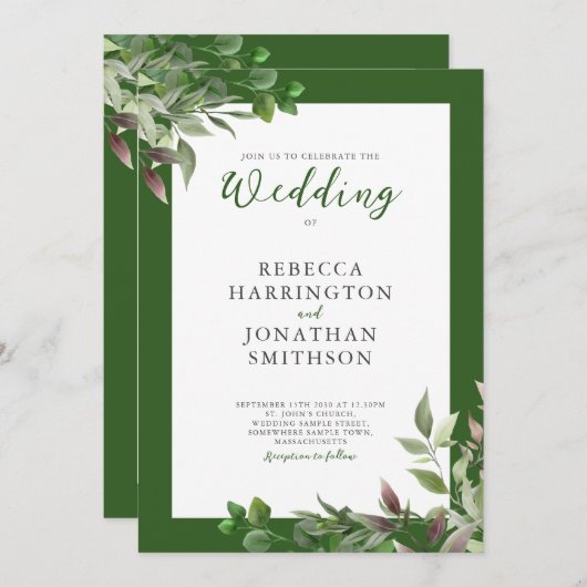 Elegante Foliage Green Leaf Hochzeitseinladung (Vorne/Hinten)
