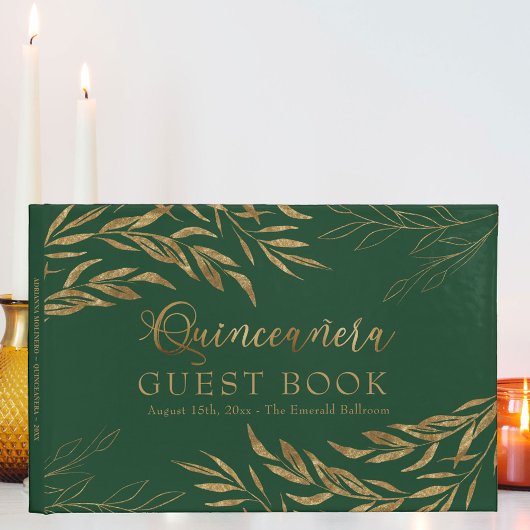 Elegante Foliage Green und Gold Quinceanera Gästebuch