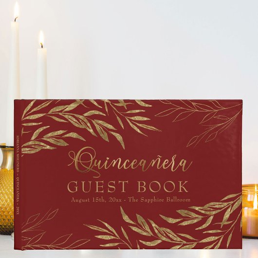 Elegante Foliage Red und Gold Quinceanera Gästebuch