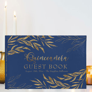 Elegante Foliage Royal Blue und Gold Quinceanera Gästebuch