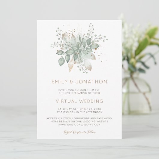 Elegante Foliage Sage Virtual Wedding Einladung (Stehend Vorderseite)