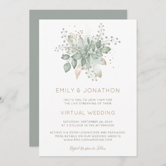 Elegante Foliage Sage Virtual Wedding Einladung (Vorne/Hinten)