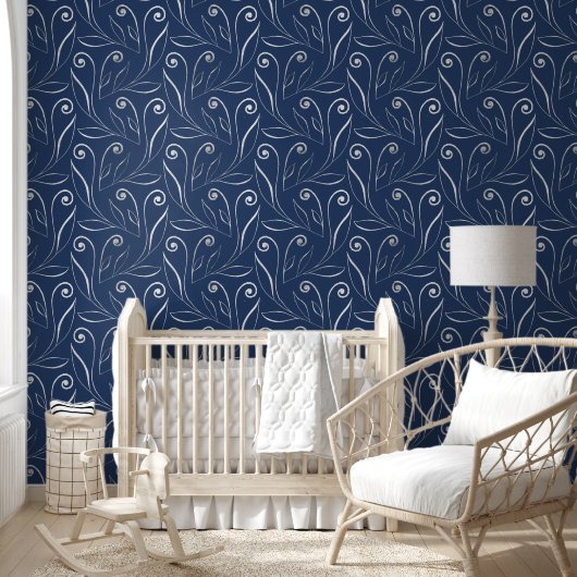 Elegante Foliage & Wirbel Silver & Navy Blue Tapete (Kinder)