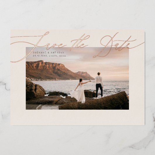 Elegante Folie Save the Date auf Foto gepresst Folieneinladung (Vorderseite)
