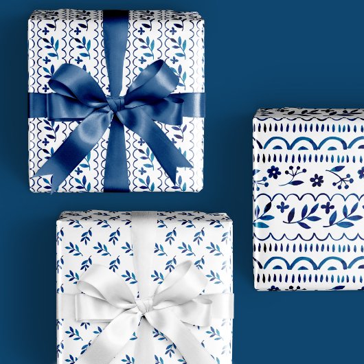 Elegante Folk Botanical Blue Watercolor Holiday Geschenkpapier Set