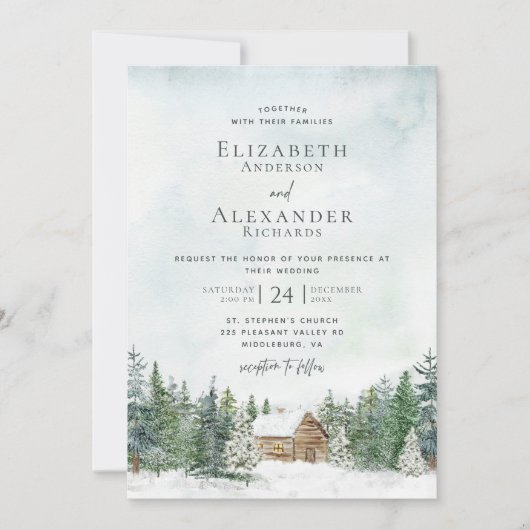 Elegante Forest Cabin Pine Trees Winter Wedding Einladung (Vorderseite)
