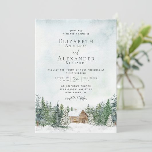 Elegante Forest Cabin Pine Trees Winter Wedding Einladung (Stehend Vorderseite)