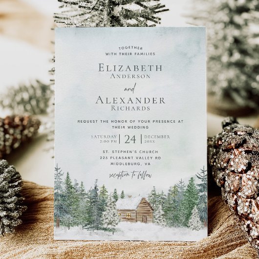 Elegante Forest Cabin Pine Trees Winter Wedding Einladung