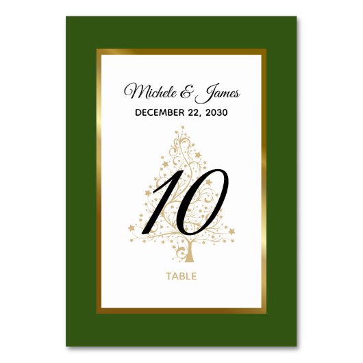 Elegante Forest Green Gold Winter Holiday Wedding Tischnummer (Vorderseite)