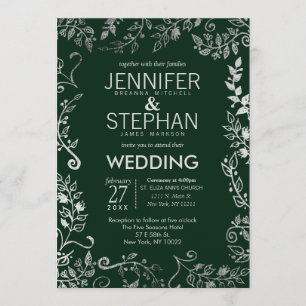 Elegante Forest Green Silver Floral Wedding Einladung