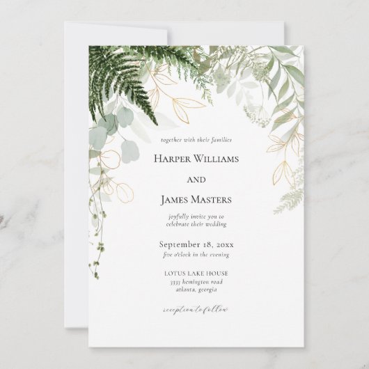 Elegante Forest Greenery und Gold Wedding Einladung (Vorderseite)