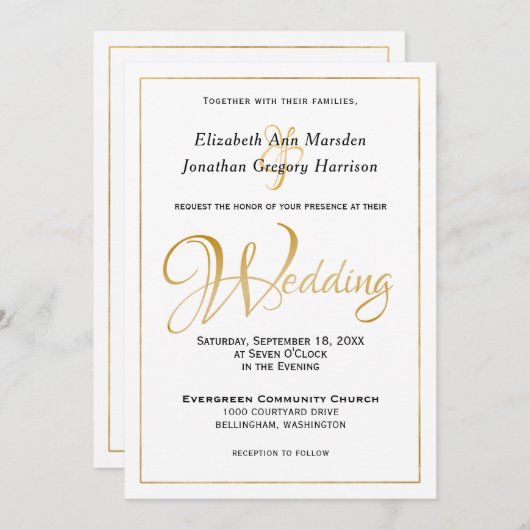 Elegante formale Gold Script Calligrafy Wedding Einladung (Vorne/Hinten)