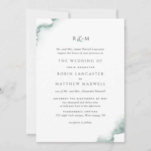 Elegante, formale grüne Aquarellfarben-Monogramm-H Einladung (Vorderseite)