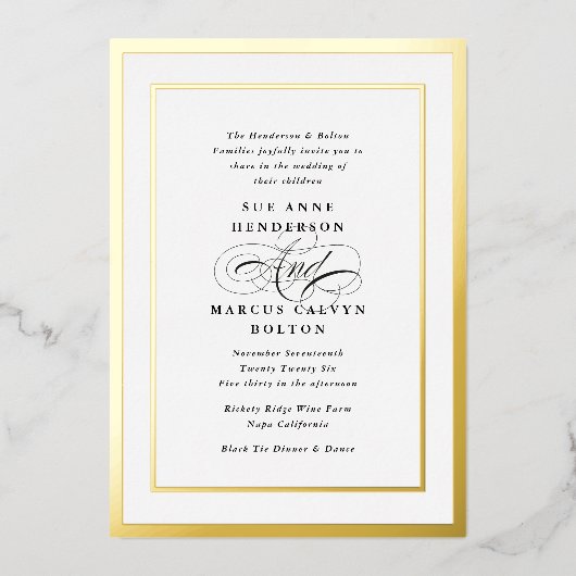 Elegante formale Kalligraphie Foil Gold Frame Wedd Folieneinladung (Vorderseite)