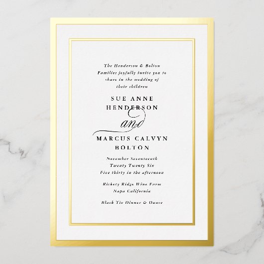 Elegante formale Kalligraphie-Goldrahmen-Hochzeit Folieneinladung (Vorderseite)