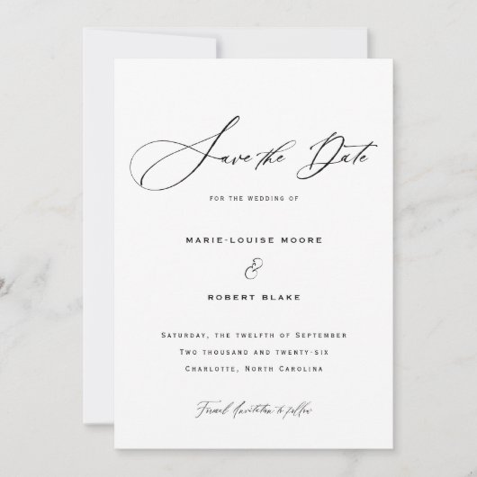 Elegante formale Kalligraphie-Hochzeit Save The Date (Vorderseite)