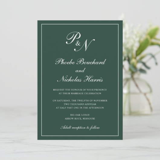 Elegante formale Mongram Forest Green Wedding Einladung (Stehend Vorderseite)