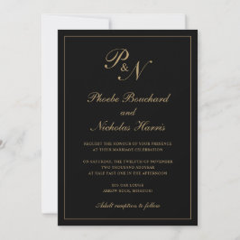 Elegante formale Monogram Black and Gold Wedding Einladung