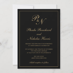 Elegante formale Monogram Black and Gold Wedding Einladung