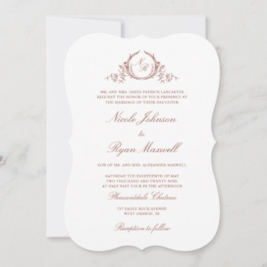 Elegante formale Monogram Dark Terracotta Wedding Einladung (Vorderseite)